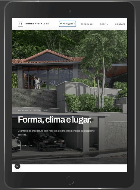 Architecture portfolio site on a tablet, showing a full-width project photograph and refined typography.