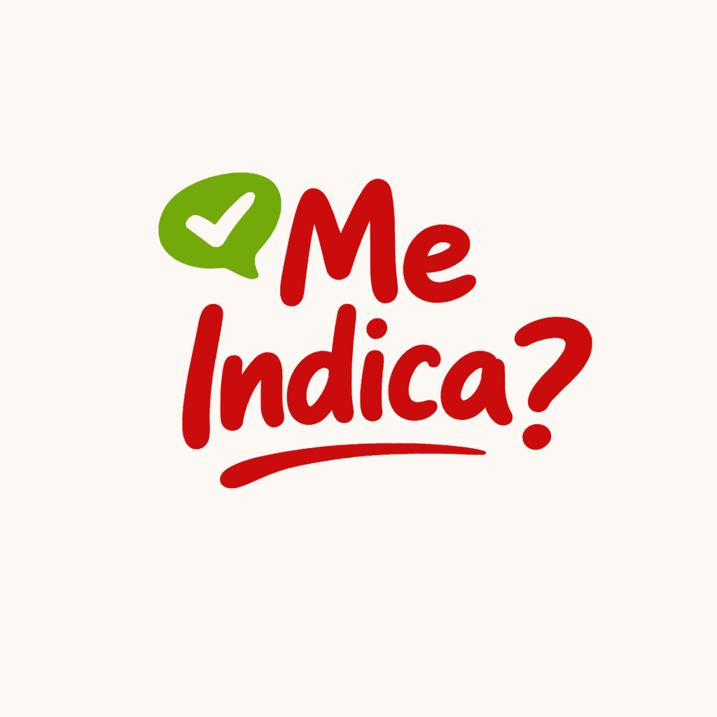 Logo do Me Indica? em vermelho com balão verde e marca de verificação, sobre fundo claro.